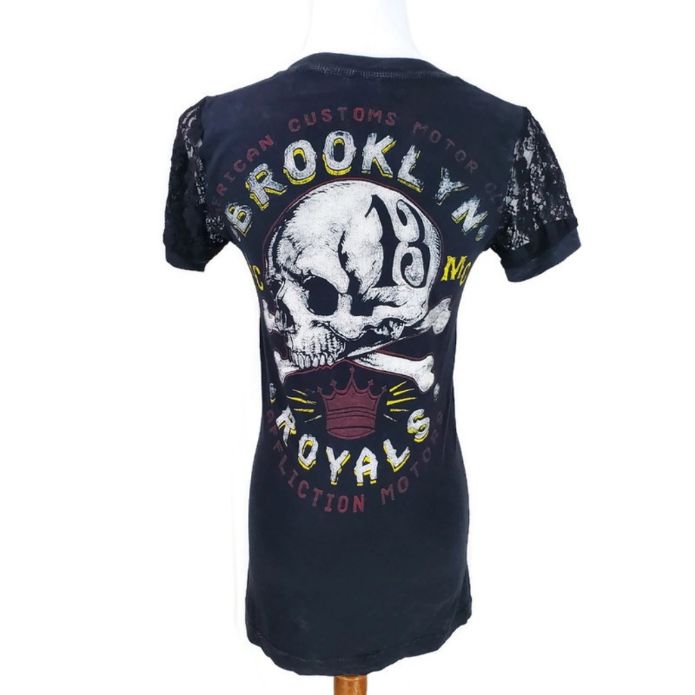 Affliction Women’s T-Shirt American Customs Motor Club Y2K Lace V-neck  Sz S - Picture 3 of 10